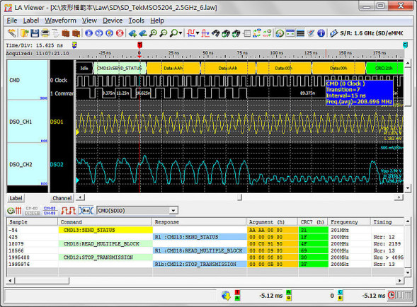 SD3.0 (UHS-I, 208MHz) dekodierte Wellenform gemeinsam mit DSO Wellenform